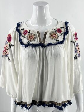 Boho Embroidered White Peasant Top with Floral Accents